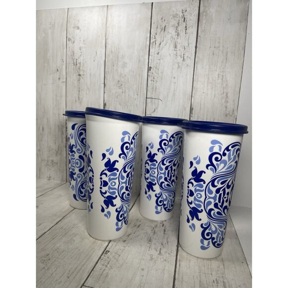 Tupperware Other - TUPPERWARE 16 oz. Tumblers Set of 4 Talavera w/ Lids Seals White Blue K-1